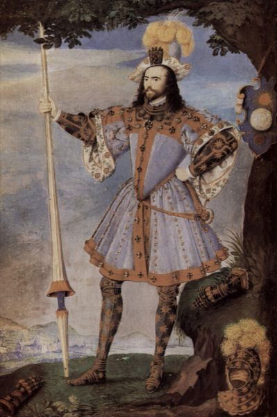 George Clifford attired as the Knight of Pendragon Castle for the Tilt of 1590. His pageant shield leans against the tree. The Queen's "favour", a glove, is attached to his hat. George Clifford attired as the Knight of Pendragon Castle for the Tilt of 1590. His pageant shield leans against the tree. The Queen's "favour", a glove, is attached to his hat.