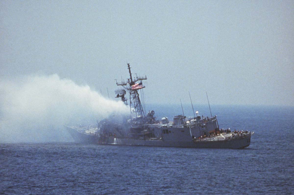 The USS Stark after being struck by an Iraqi Exocet missile, 17 May 1987 © Corbis/Getty Images