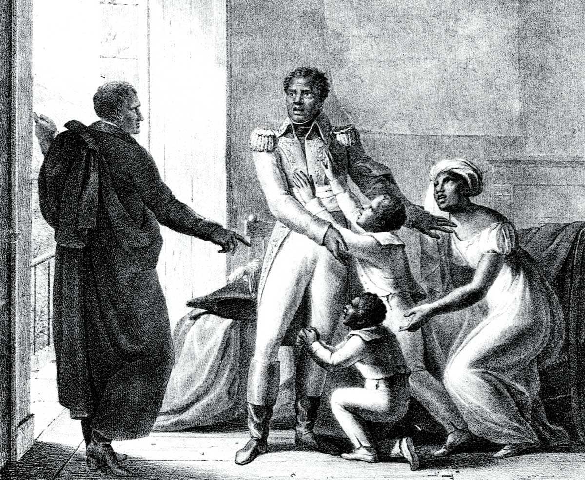 Toussaint Louverture (with wife and children) being seized by the French, 19th-century engraving. Getty Images.