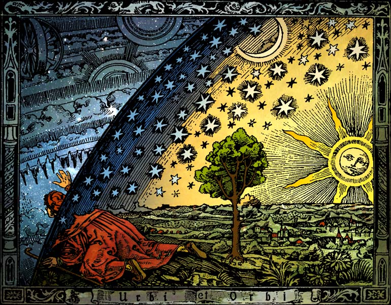The Flammarion engraving (1888) depicts a traveller who arrives at the edge of a flat Earth and sticks his head through the firmament. Colouring added by Heikenwaelder Hugo, Wien 1998