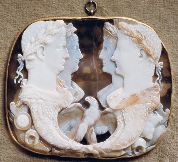 The Gemma Claudia, an onyx cameo showing Claudius as Jupiter with his new wife Agrippina to the left, opposite her parents Germanicus and Agrippina the Elder, c. AD 49