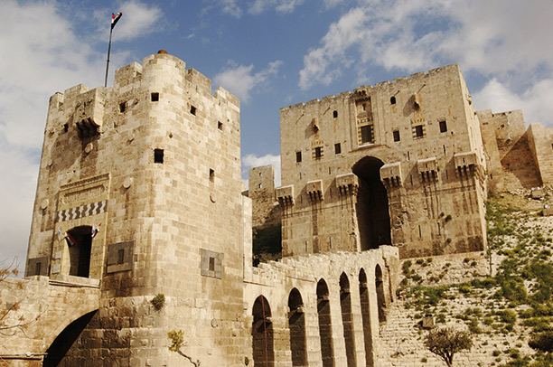 Fortified gateway to the citadel at Aleppo, Syria