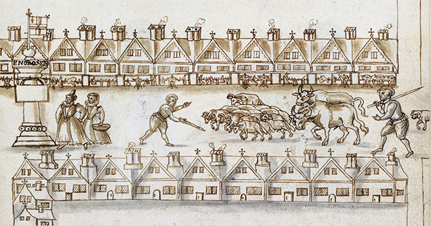 Driving animals to London's Eastcheap Market past carcasses for sale, from 'A Caveatt for the Citty of London', 1598. Folger Shakespeare Library