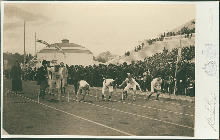 Preparation for the 100 metres at the Olympic Games, 1896. Ⓒ Alamy