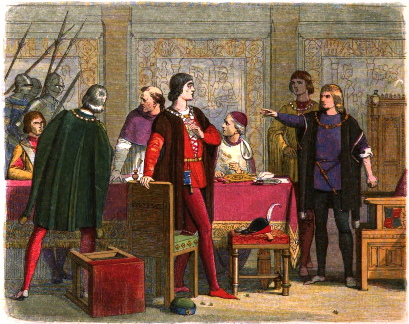 Richard, acting as Lord Protector, orders the arrest of William Hastings, 1st Baron Hastings. From 'A Chronicle of England: B.C. 55 – A.D. 1485', c. 1864. Wiki Commons.
