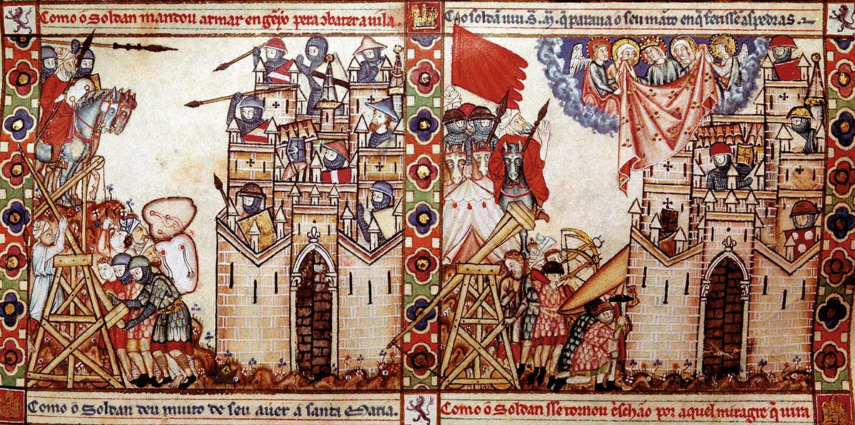 The Saracens besiege a Christian city, detail from The Song of Saint Mary, 1221-84 Photo © Luisa Ricciarini/Bridgeman Images.
