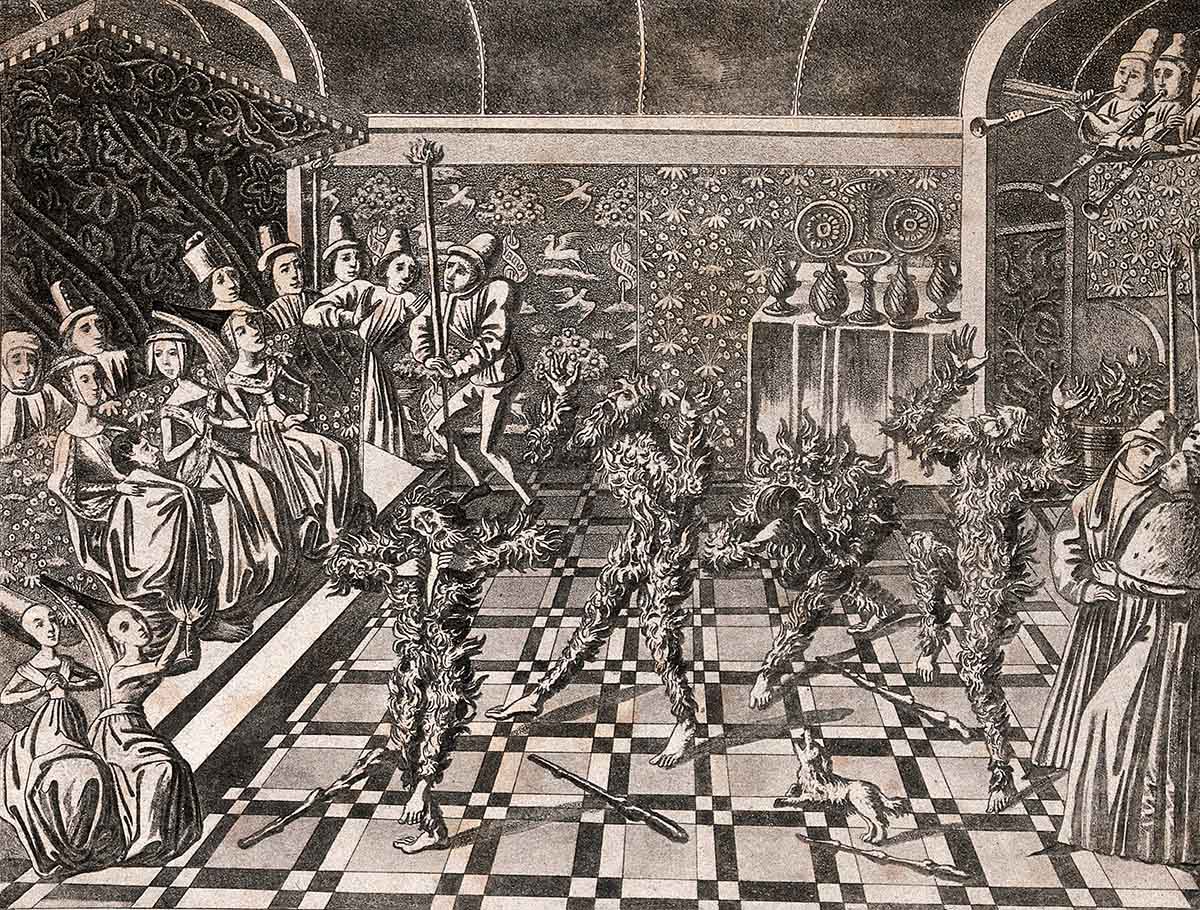 The "Bal des ardents" from Froissart's Chroniques, British Library Harley MS 4380, c.1800 Aquatint by J. Harris after J. Froissart. Wellcome Collection.