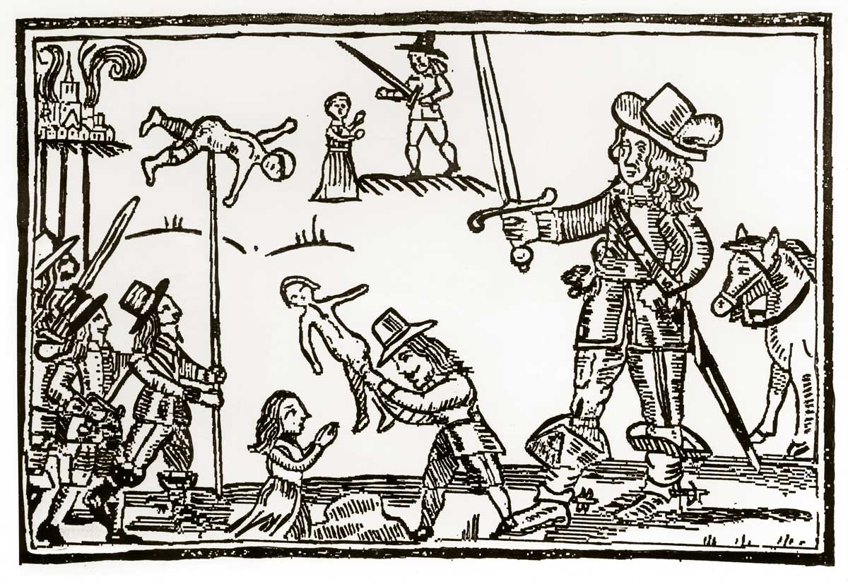 Parliamentary propaganda of Cavalier cruelty, woodcut, 1644 © Bridgeman Images.