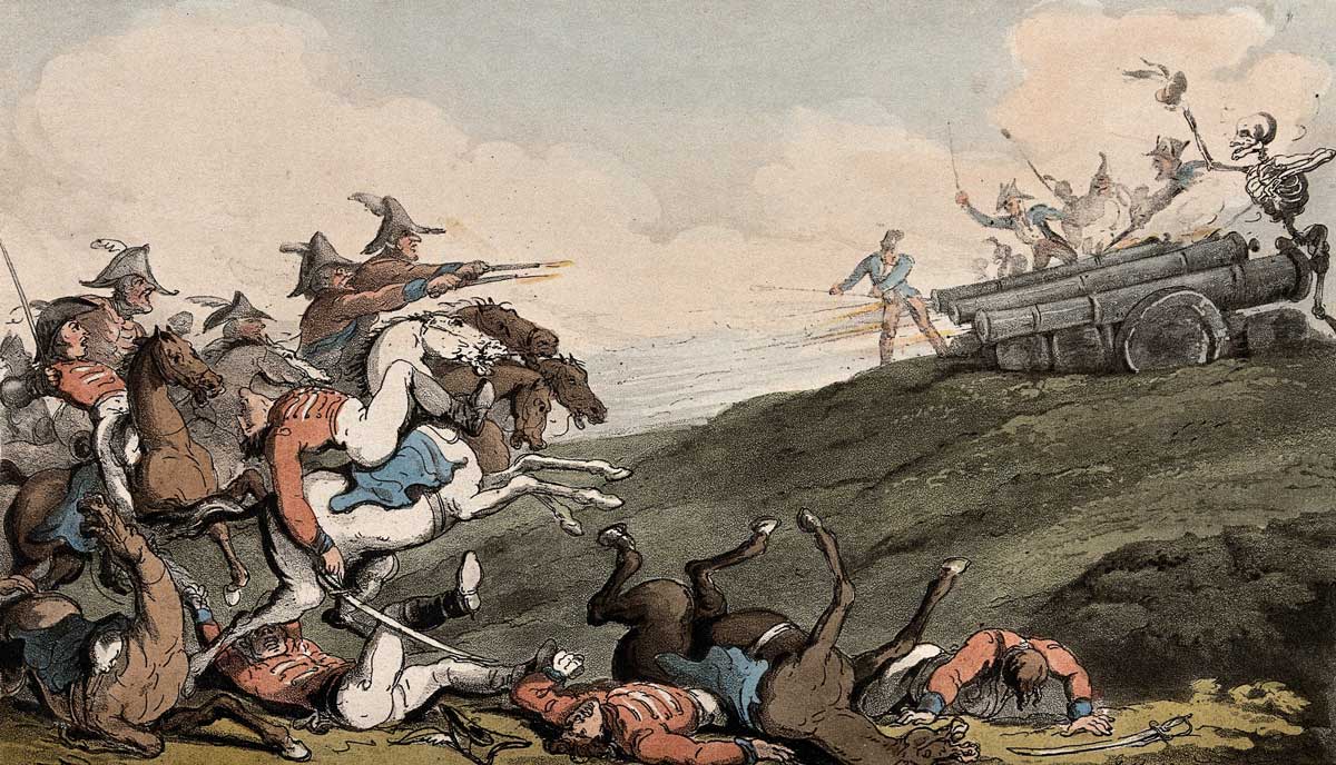 The dance of death: the battle. Coloured aquatint by T. Rowlandson, 1816. Wellcome Collection.
