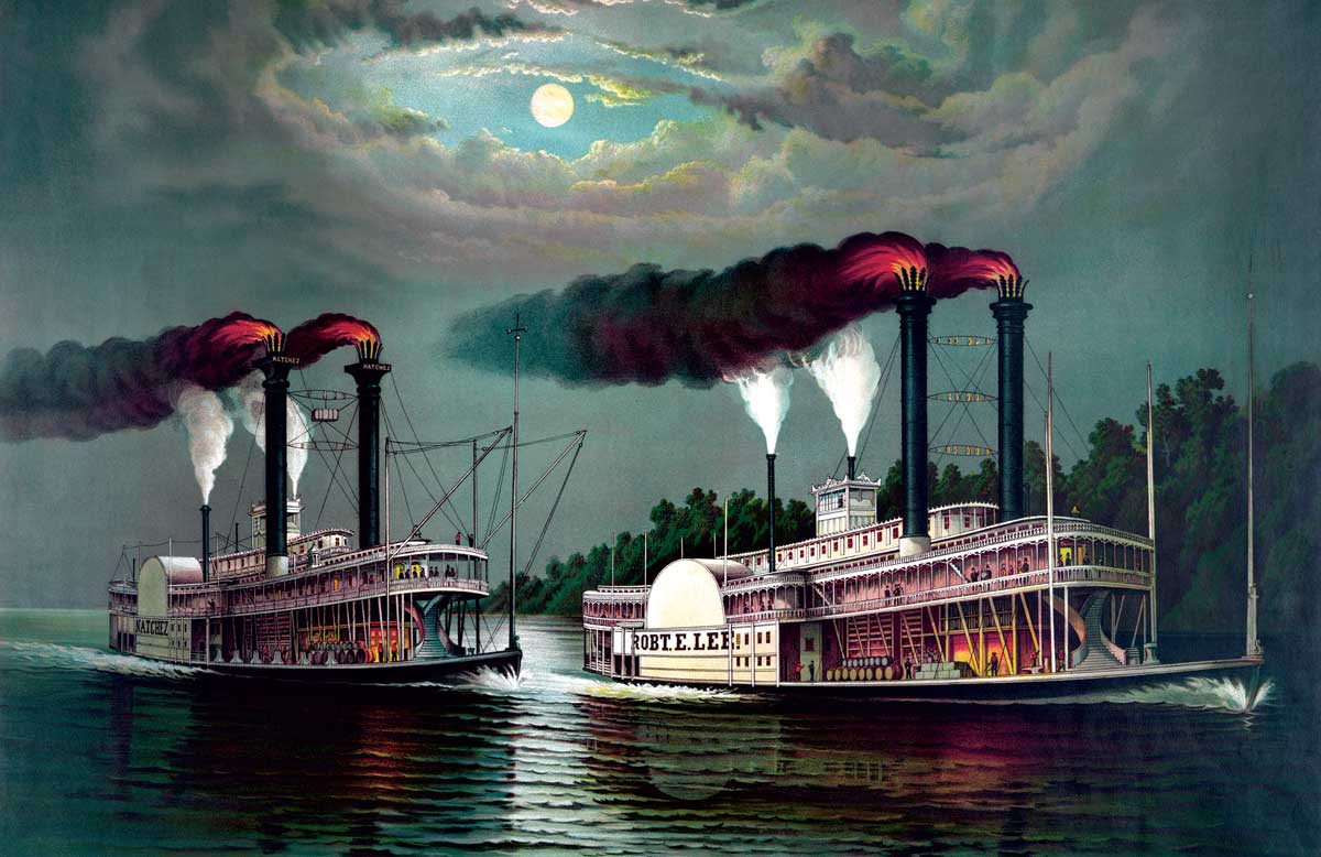 Race of the Steamboats: Robert E. Lee (nicknamed the ‘Monarch of the Mississippi’) and Natchez, chromolithograph, 1870 © Getty Images