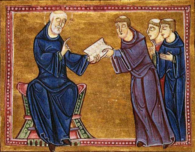 Saint Benedict delivering his Rule to the monks of his order, Monastery of St Gilles, Nîmes, France, 1129. Wiki Commons.