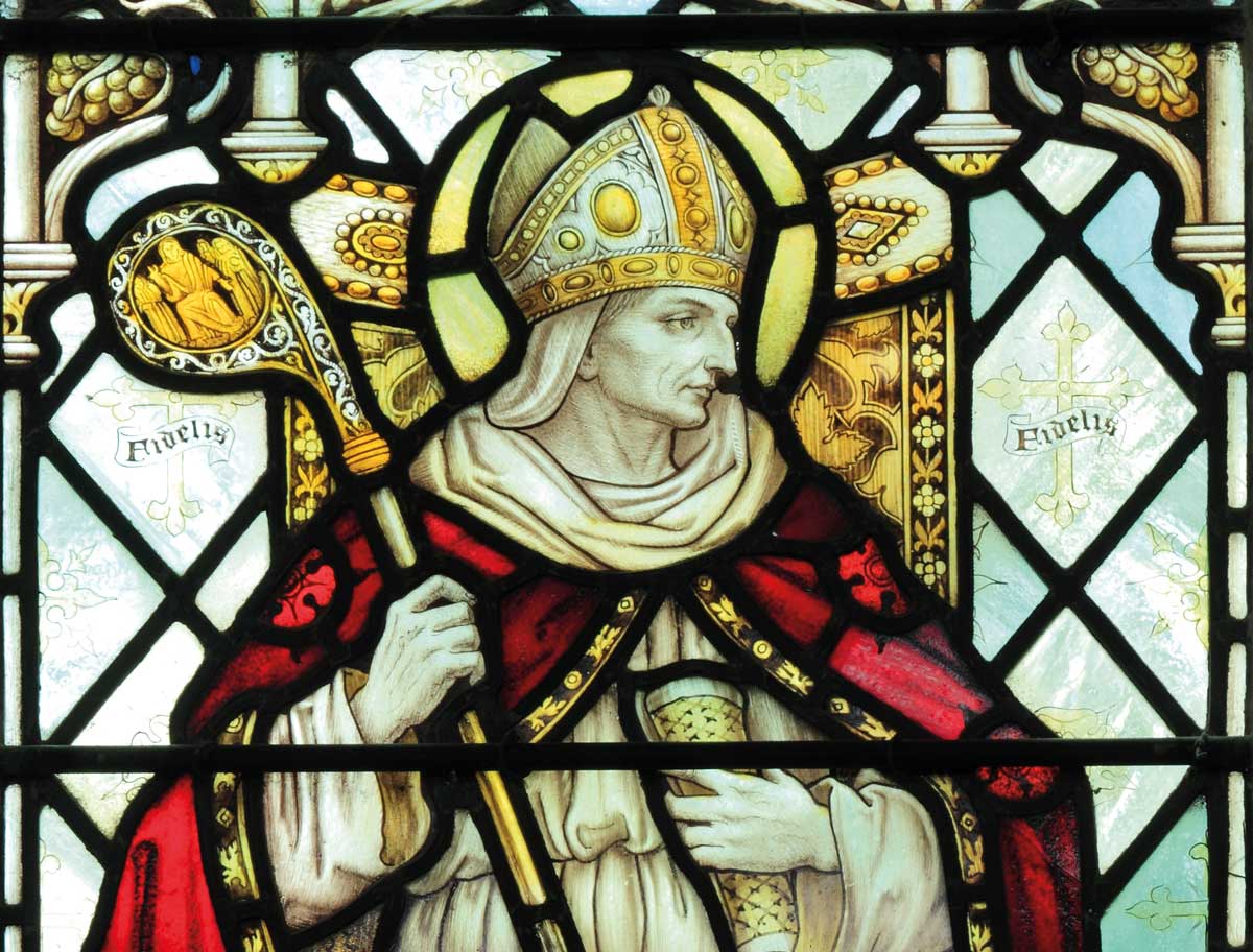 Archbishop Theodore of Canterbury, from St. Nicholas Church, Blakeney, Norfolk, 1900 © Neil Holmes/Bridgeman Images.