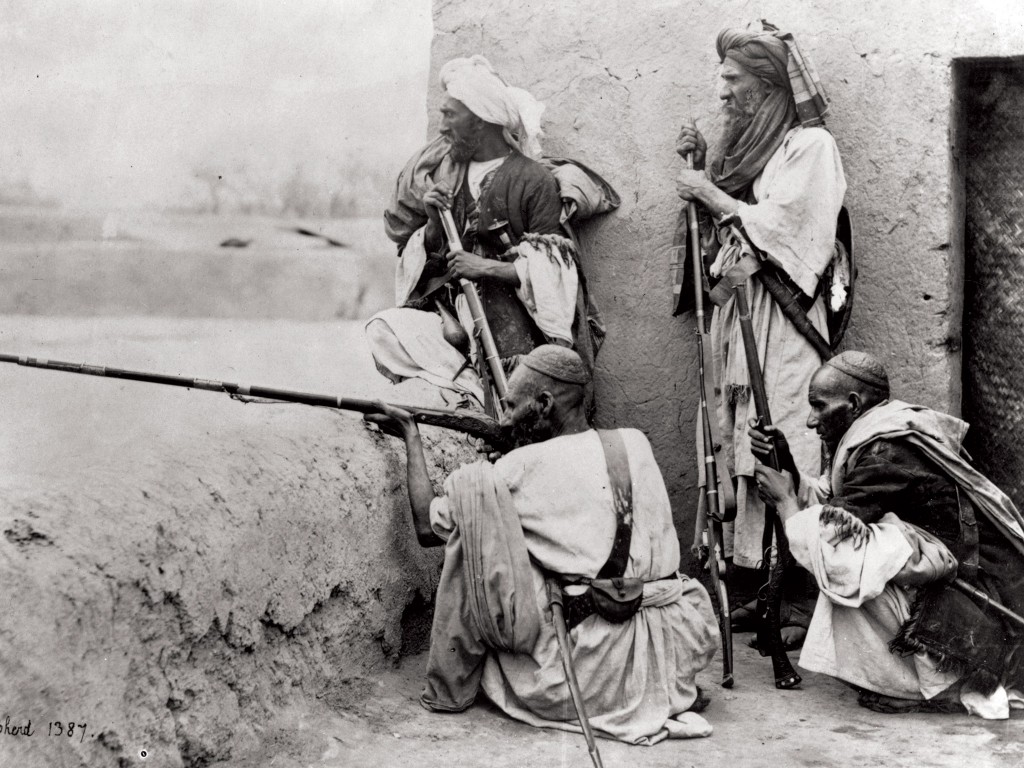 A group of armed Afghans in the Khyber Pass, c.1910.
