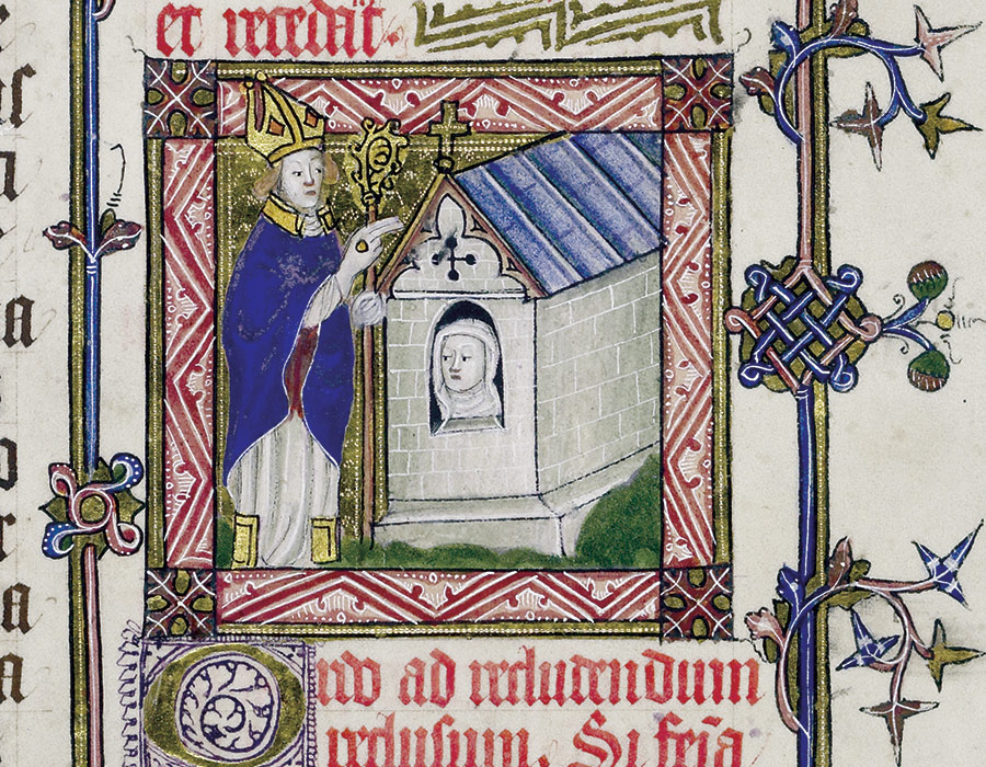 The formal enclosure of an anchoress in her cell by a bishop, from a pontifical produced for Bishop Mona of St David’s, 15th century. (Courtesy the Master and Fellows of Corpus Christie College, Cambridge)