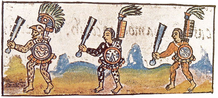  Aztec warriors as shown in the 16th-century Florentine Codex (Vol. IX). Each warrior is brandishing a maquahuitl.