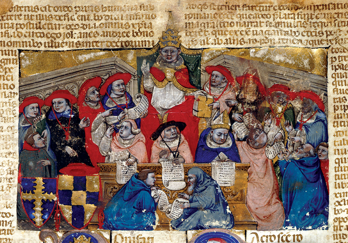 Boniface VIII presiding over the college of cardinals, Italian manuscript, 14th century.
