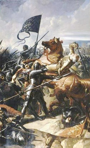  Painting depicting the Battle of Castillon (1453) by the French painter Charles-Philippe Larivière (1798–1876). (Galerie des Batailles, Palace of Versailles). John Talbot, Earl of Shrewsbury is falling from his wounded horse.
