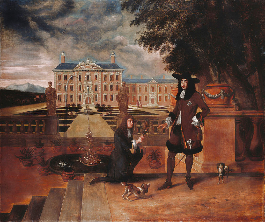 Charles presented with the first pineapple grown in England in 1675, painting by Hendrick Danckerts