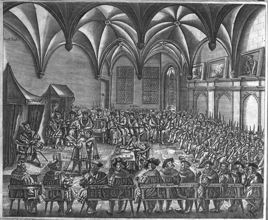 Saxon chancellor Christian Beyer proclaiming the Augsburg Confession in the presence of Emperor Charles V, 1530.