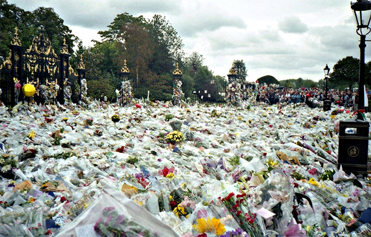 Flowers outside Kensington Palace for Princess Diana's Funeral.  Photo by Maxwell Hamilton. Licensed under CC BY 2.0 via Commons 