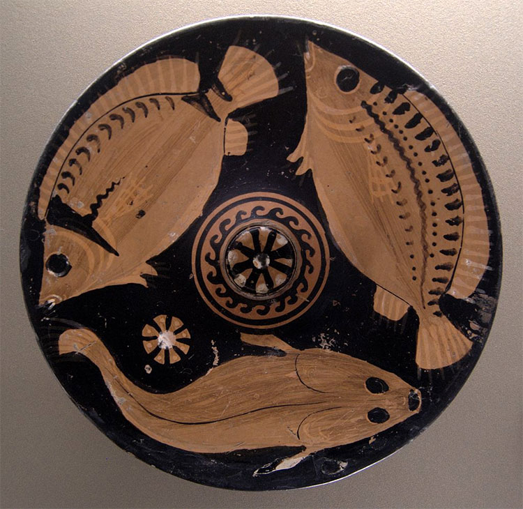 Fresh fish, one of the favourite dishes of the Greeks; platter with red figures, c. 350–325 BC, Louvre.