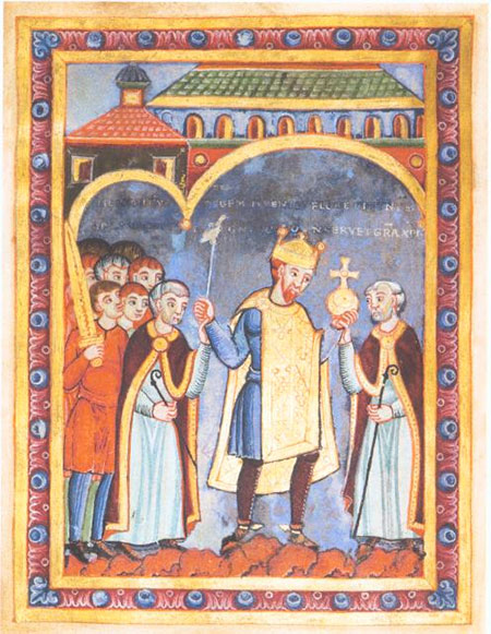 Henry with the symbols of rulership attending the consecration of the Stavelot monastery church on 5 June 1040, mid-11th century miniature