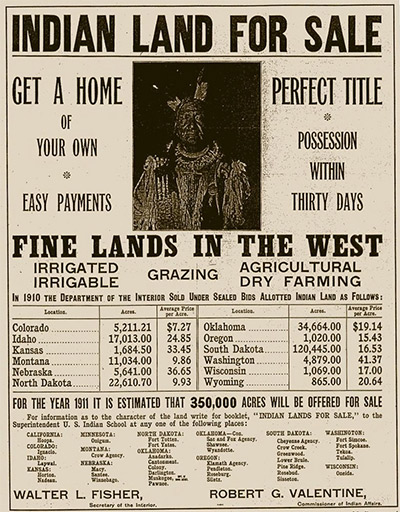 A 1911 ad offering &quot;allotted Indian land&quot; for sale