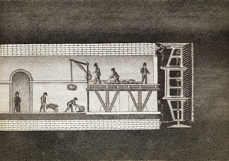 The Thames Tunnel, designed by the Brunels, under construction, illustration, 1828.