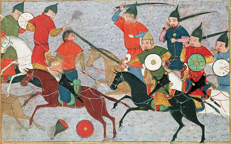 Genghis Khan in battle. Illustration from a chronicle by Rashid al-Din, 14th century.