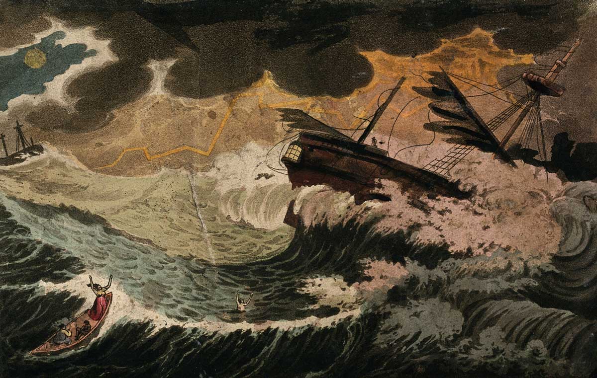 A ship caught in a storm; three people in a lifeboat in the foreground. Aquatint, ca. 1850. Wellcome Collection.