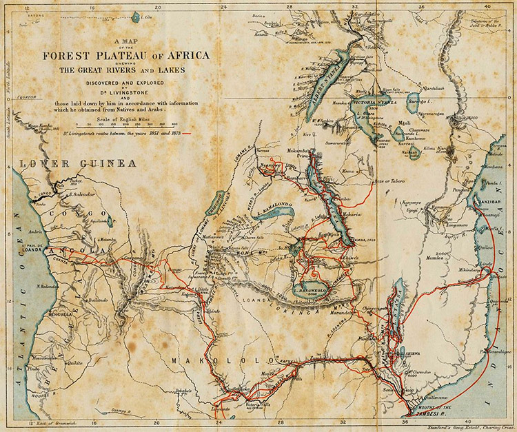The journeys of David Livingstone in Africa (marked in red) between 1851 and 1873