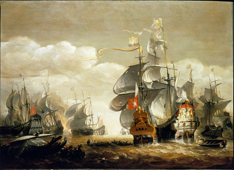 The Battle of Lowestoft, June 13, 1665, showing HMS Royal Charles and the Eendracht.