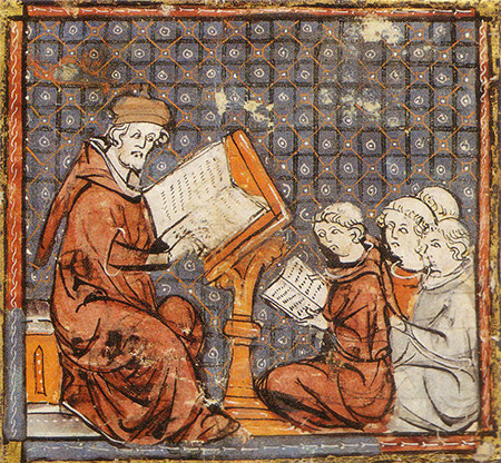 Teaching at Paris, in a late 14th-century Grandes Chroniques de France: the tonsured students sit on the floor.