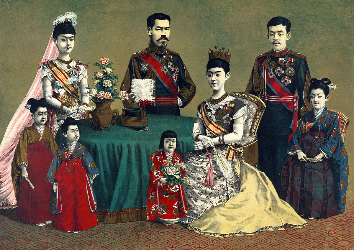 Meiji, Emperor of Japan, and the imperial family, woodcut, late 19th century. (Getty Images)