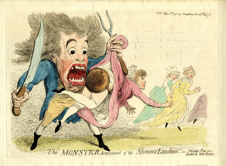 'The Monster disappointed of his Afternoon Luncheon, or Porridge Potts preferable to Cork Rumps': a bawdy cartoon published at the height of the monster mania
