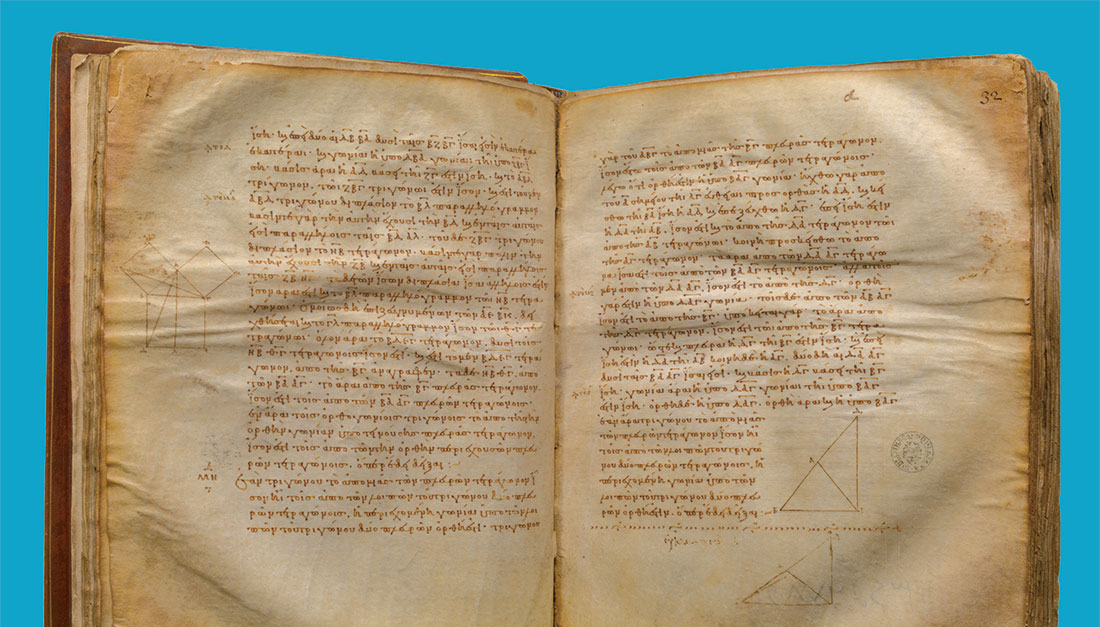 The oldest complete copy of Euclid’s The Elements, Greek, by Stephanos the Clerk, AD 888.