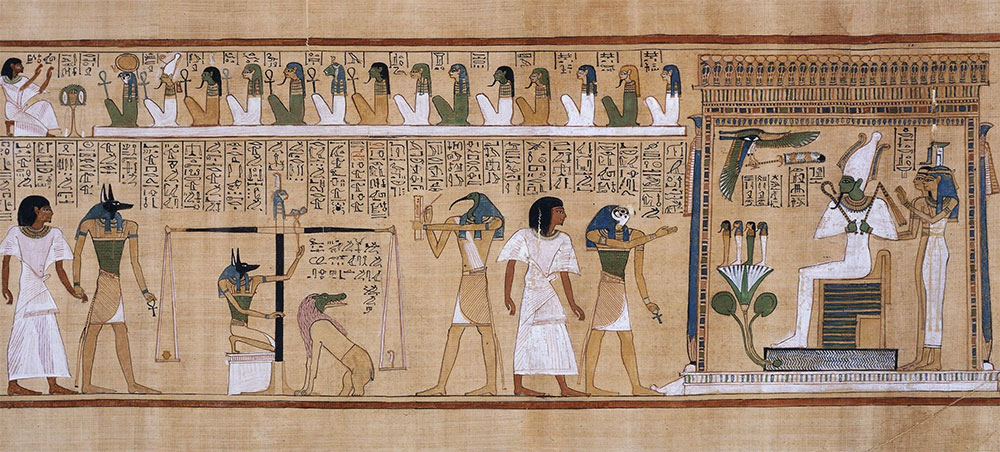 A scene from the Book of the Dead. Osiris is seated to the right.