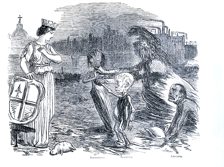 1858 Punch cartoon 'Father Thames introducing his offspring to the Fair City of London' - an acid comment on contemporary views that foul surroundings breed foul diseases.