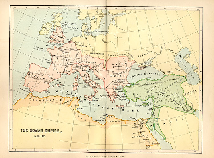 The Roman Empire in AD 117, 19th-century map.