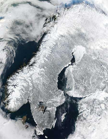 Satellite image of Scandinavia.