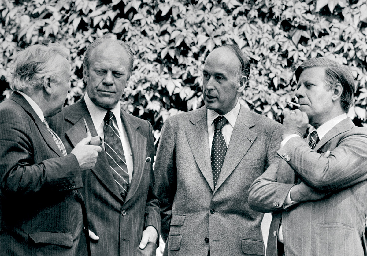Helmut Schmidt (far right) at the Helsinki Summit of 1975, with (from left) Harold Wilson, Gerald Ford and Valéry Giscard d’Estaing.
