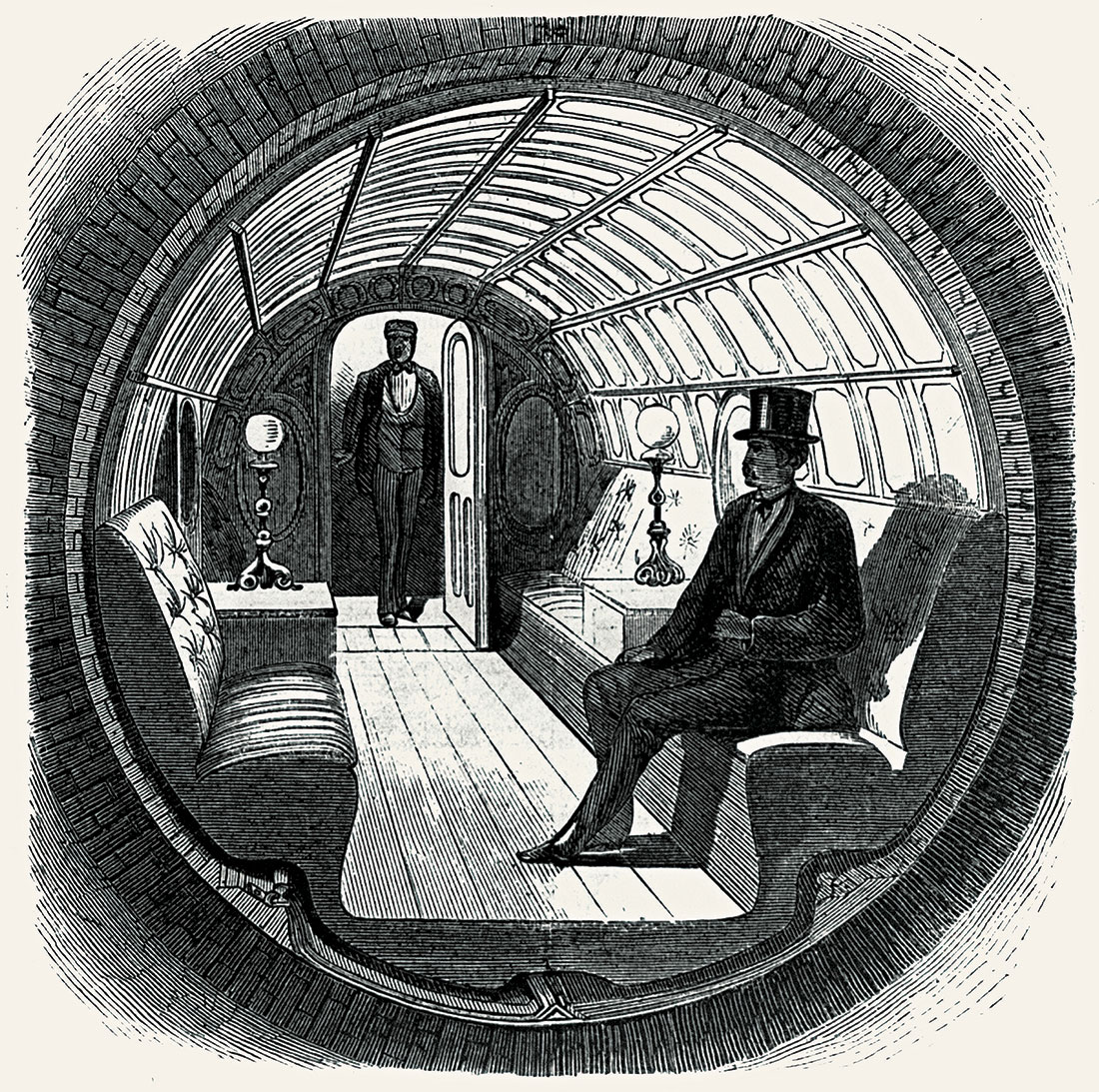Interior of the passenger car used in Alfred Beach’s subway, 1870. 