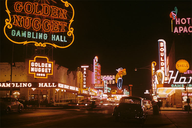 Golden Nugget and Pioneer Club along Fremont Street (1952).