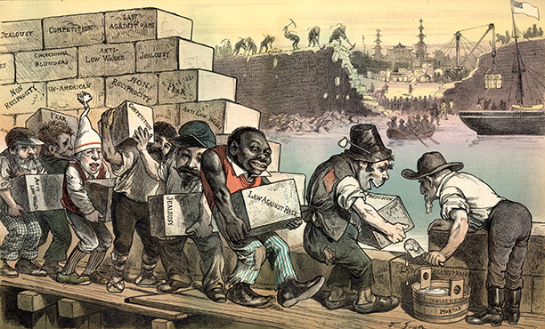 'The American wall goes up as the Chinese original goes down', published in Puck, 1882. China opens up to trade, while America uses ethnic workers to curb immigration. Library of Congress