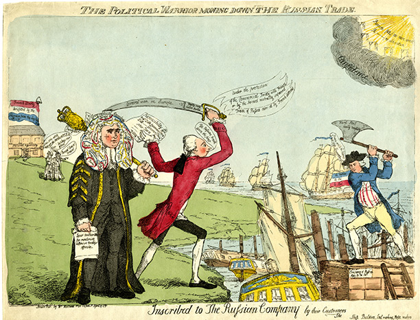 'The Political Warrior Mowing Down the Russian Trade', a satire on Pitt's foreign policy from 1791. British Museum