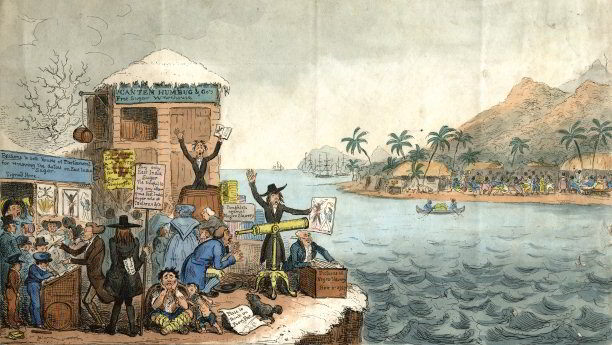 'John Bull Taking a Clear View of the Negro Slavery Question!!' by Isaac Robert Cruikshank (1726). This cartoon satirises Abolitionists, who are shown as fanatical Quakers, and the East Indian sugar interest, which marketed its product as an alternative to that produced by exploited slaves from the West Indies.