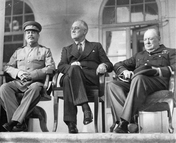 Joseph Stalin, Franklin D. Roosevelt and Winston Churchill at the Tehran conference, 1943