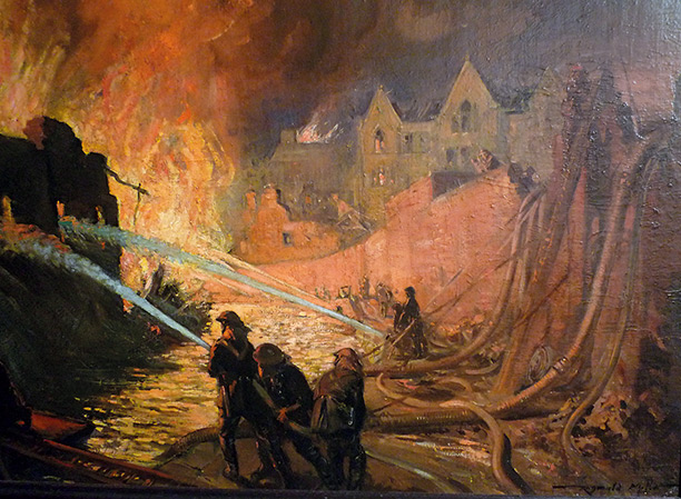 'In the East End, November 1940' by Reginald Mills. London Fire Brigade Museum