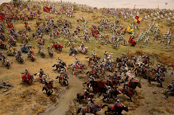 The clash between Richard's and Henry's armies as depicted by Bosworth Battlefield Heritage Centre. By John Taylor