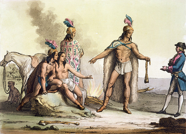 In Patagonia: Indians greet a European traveller, from Le Costume Ancien et Moderne, c.1820-30.